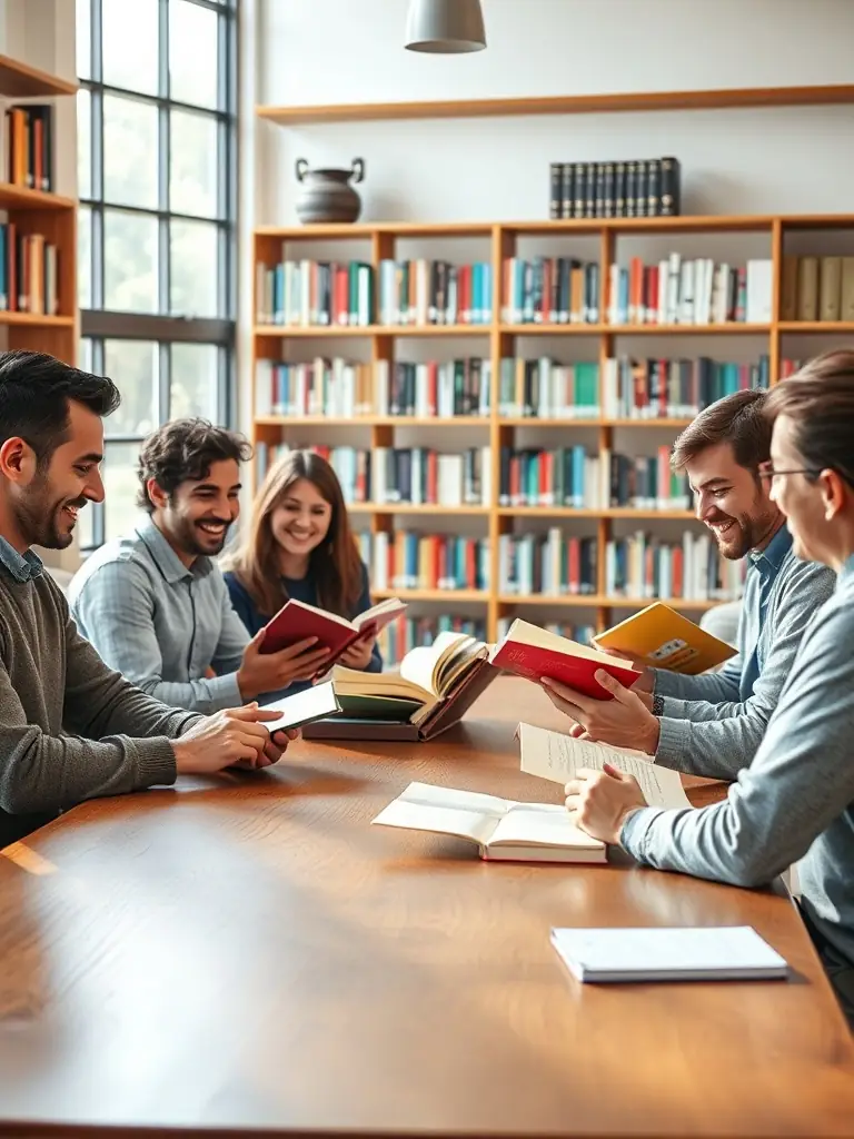A photograph of a group of people participating in a reading group, discussing a book, highlighting the library's commitment to fostering a sense of community and promoting literacy through shared reading experiences.