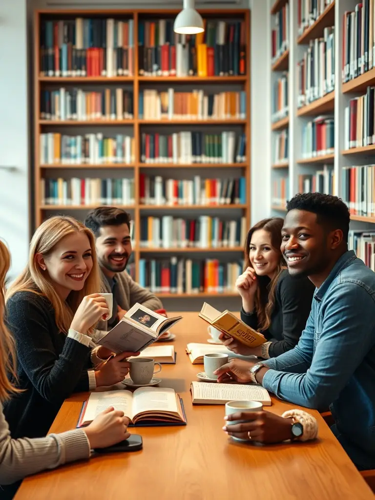 A group of people participating in a book discussion at the ABS library, with books and refreshments on the table, showcasing the library's reading initiatives.