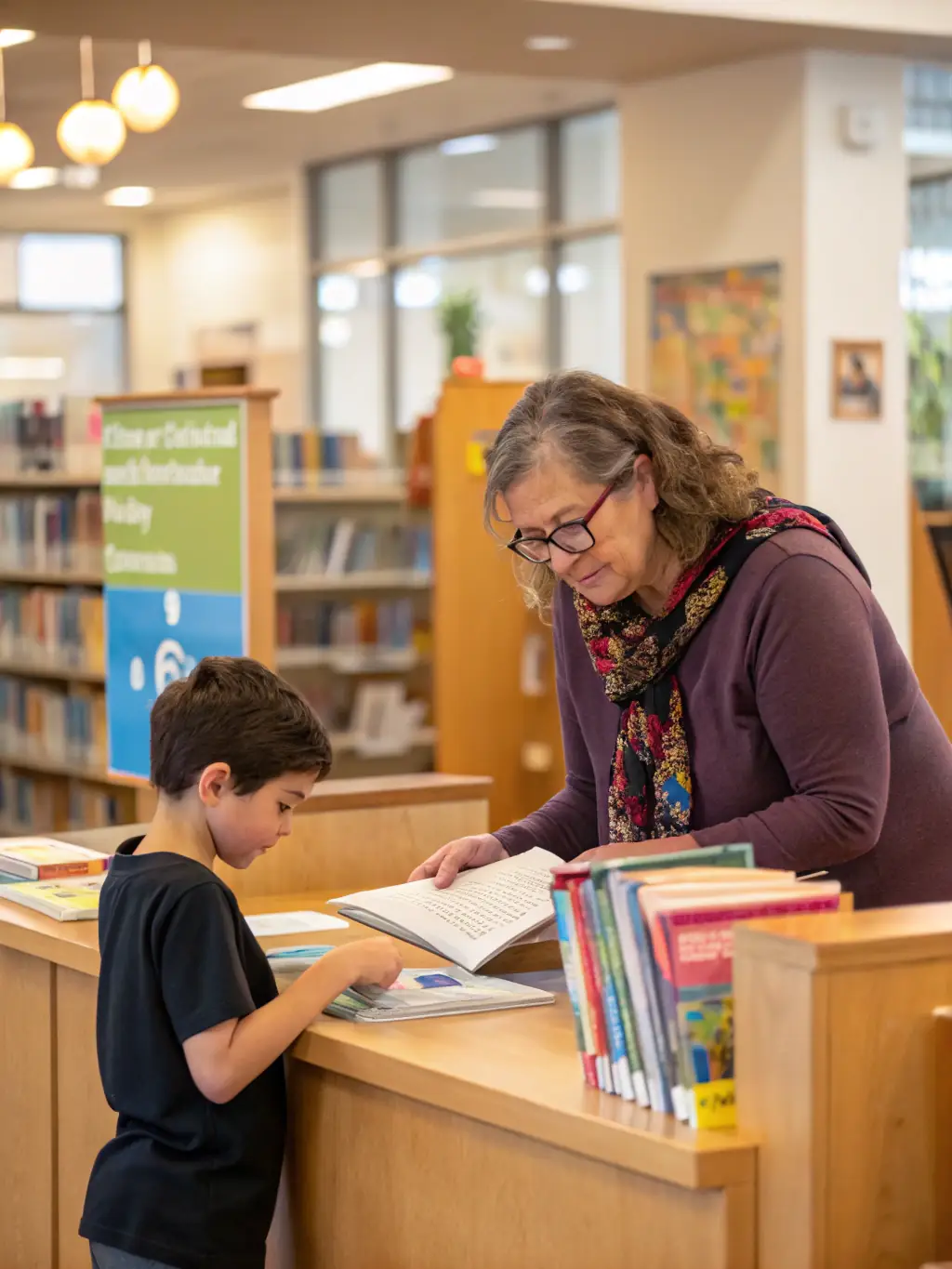 A librarian assisting a student with research using library resources, highlighting the research support services offered by the ABS library.